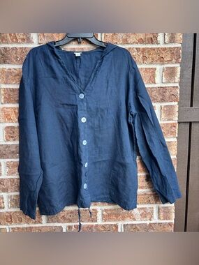Kiko Navy Linen hoodie Top with Button Front